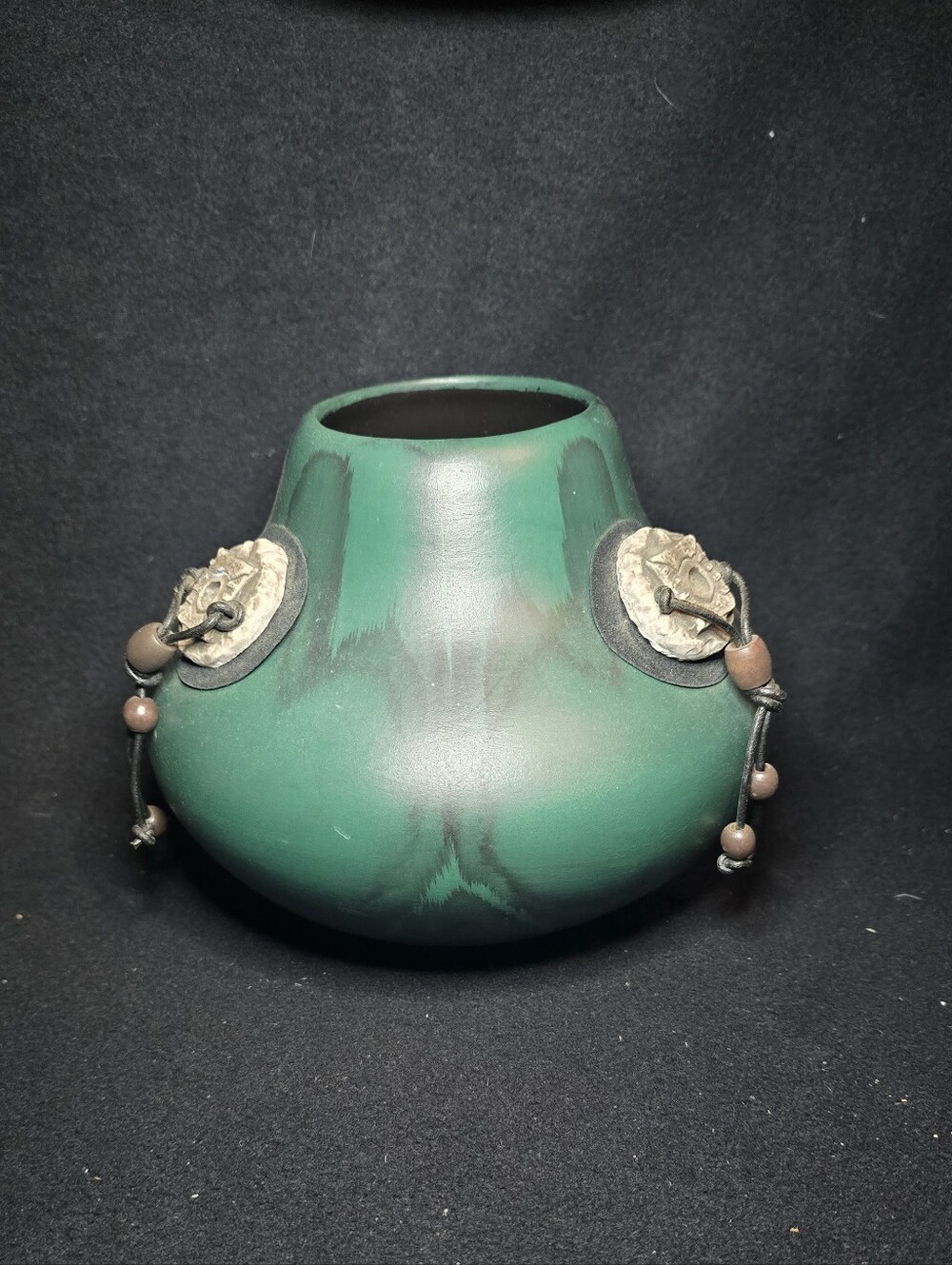 Green Decorative Ceramic Vase with Beads And Leather Accent Medallions